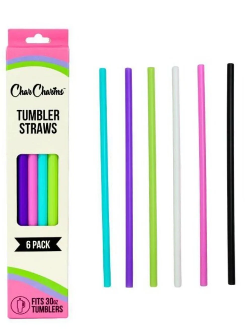 CharCharms 6pk 30oz Solid Water Bottle Straws: Reusable Polypropylene-NWT